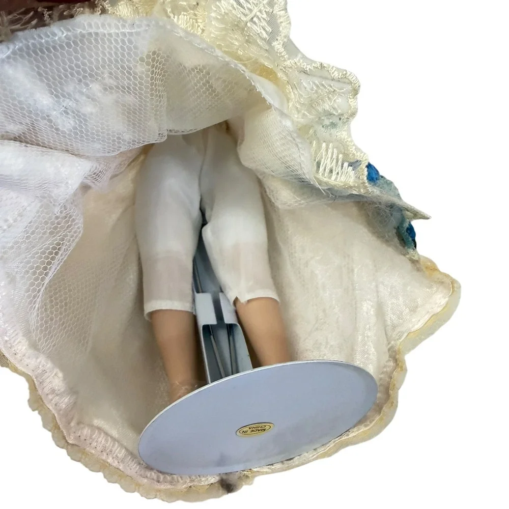 Victorian Porcelain Doll 11 Inch Cream Lace Dress Parasol Stand Brunette